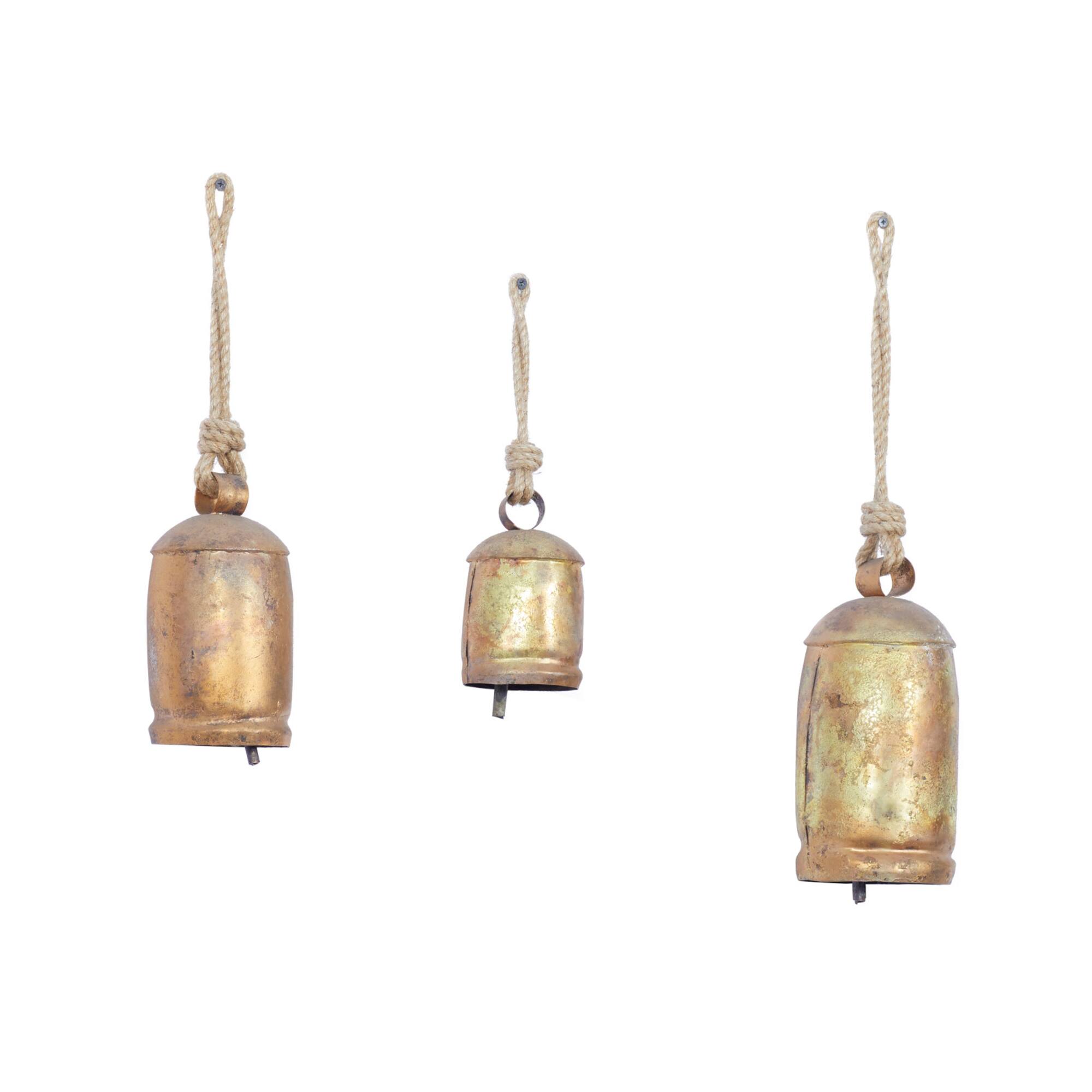 Gold Metal Rustic Decorative Cow Bell, Set of 3" 22", 18", 12"
